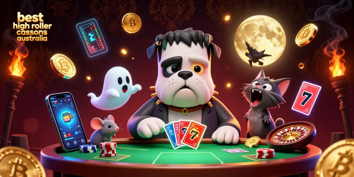 Engage with the best high roller casinos Australia featuring a 3D cartoon monster dealing cards and crypto elements.