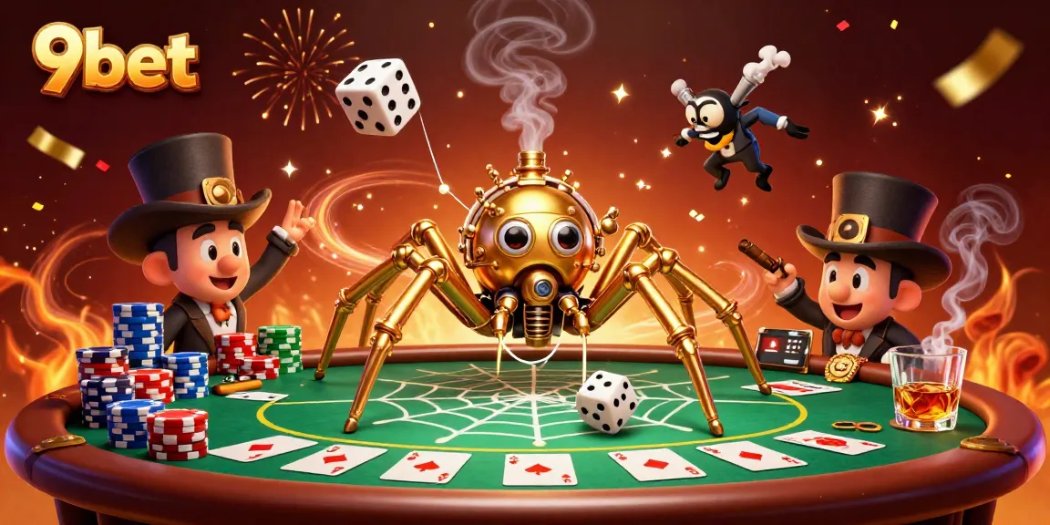 Engage with 9bet's steampunk casino world filled with golden elements and dynamic poker action.
