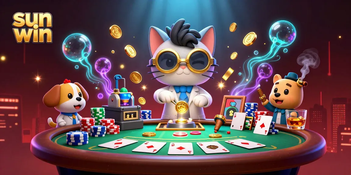 Win big at sun win with an exciting 3D scene of a mad scientist cat and dog creating a gold-coin machine