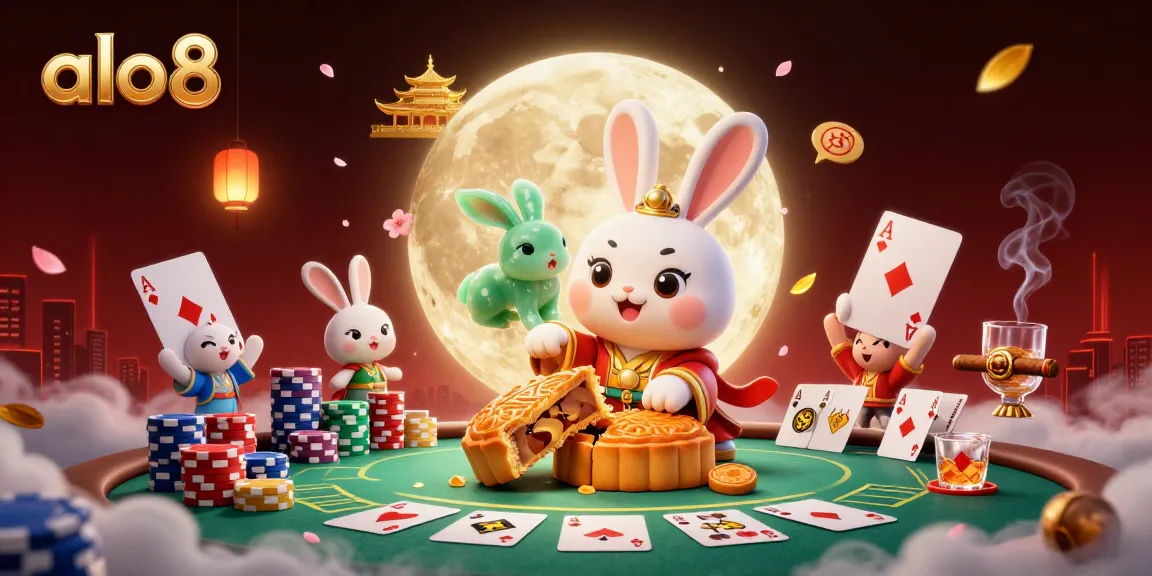 Join the action at alo8 with a 3D moon rabbit revealing hidden poker chips amidst vibrant casino elements.
